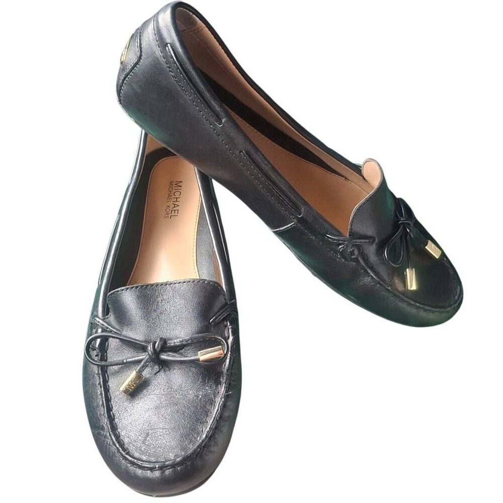Michael Kors Sutton Loafers Black Leather Bow Slip-On Gold Hardware Size 7 EUC
